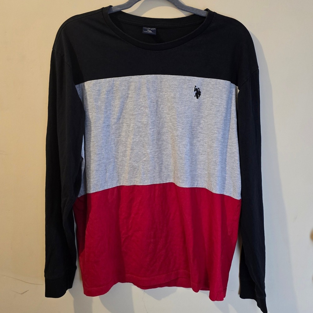 US Polo Assn Mens Long Sleeve Color Block T-Shirt Black Grey Red Large Cotton